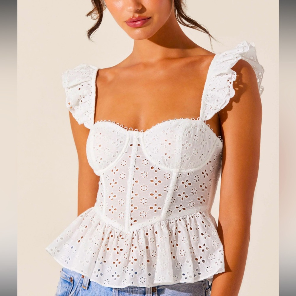 Women's White Eyelet Ruffle Strap Peplum Top